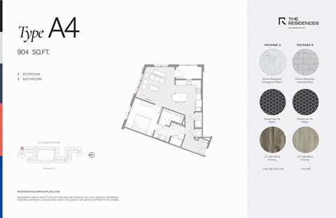 Floor plan for 1 bed, 1 bath, 904 sqft